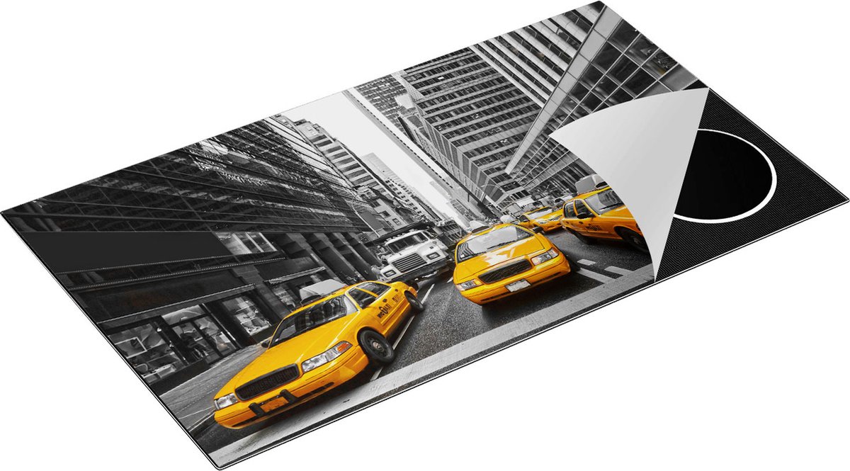 Chefcare Inductie Beschermer New York Gele Taxi's - Zwart Wit - 91,6x52,7 cm - Afdekplaat Inductie - Kookplaat Beschermer - Inductie Mat