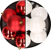 12x stuks kunststof kerstballen 8 cm mix van wit en rood - Kerstversiering