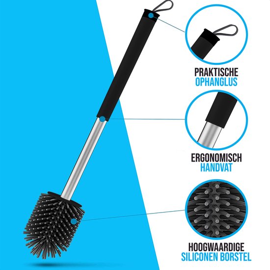 Brosse de toilette noire avec boucle de suspension pratique, manche ergonomique et brosse en silicone de haute qualité.