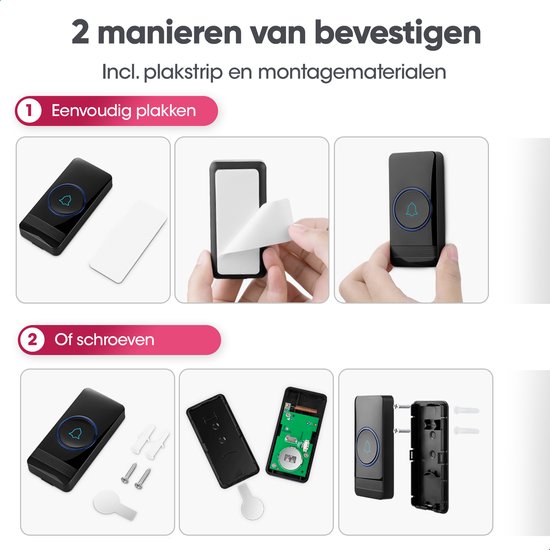 AVANTEK Draadloze deurbel met 2 ontvangers - Zwart - Bereik 400 meter - Waterdicht - Zonder batterijen - 52 melodieën