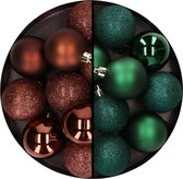 24x stuks kunststof kerstballen mix van donkerbruin en donkergroen 6 cm - Kerstversiering
