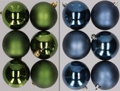 12x stuks kunststof kerstballen mix van donkergroen en donkerblauw 8 cm - Kerstversiering