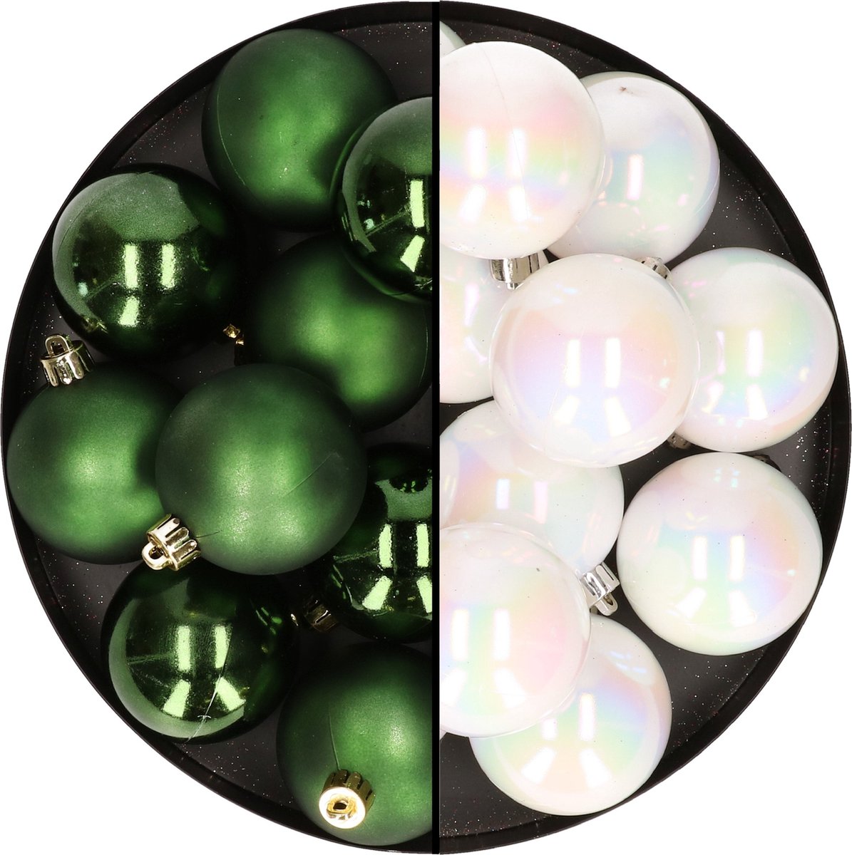24 kunststof kerstballen in parelmoer wit en donkergroen, 6 cm, merkloos - Kerstversiering