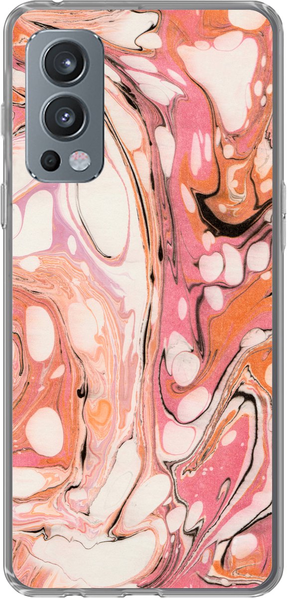Telefoonhoesje Geschikt voor OnePlus Nord 2 5G hoesje - Marmer print - Oranje - Zwart - Siliconen Telefoonhoesje Telefoonhoesje