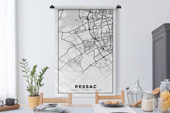 Wandkleed - Wanddoek - Kaart - Stadskaart - Frankrijk - Plattegrond - Pessac - Zwart wit - 90x135 cm - Wandtapijt