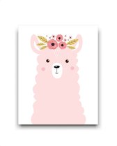 Schilderij  Alpaca met bloemetjes - roze / Dieren / Babykamer - kinderkamer / 50x40cm