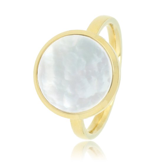 *My Bendel - Ring goudkleurig met ronde grote Pearlshell - De 12 mm ronde Pearlshell in deze goudkleurige ring zorgt voor uniek effect - Met luxe cadeauverpakking