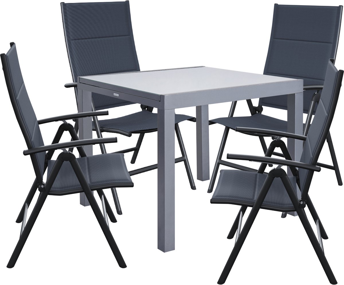 NATERIAL- Tuinmeubelset voor 4 personen - Tuintafel LYRA 90/160x90cm - Uitschuifbare tafel - 4 tuinstoelen - Verstelbaar - Opklapbare fauteuil - Hoge rugleuning - Zitgroep - Balkonmeubelset