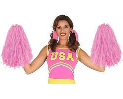 2x Stuks cheerball/pompom met ringgreep - roze - 28 cm - Cheerleader verkleed accessoires