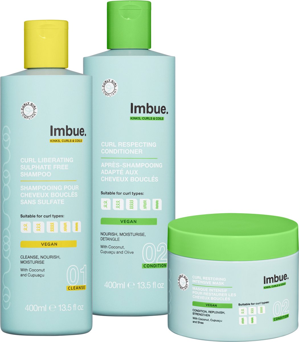 IMBUE Haarverzorgingsset Voor Krullend Haar & Coils - Shampoo, Conditioner & Haarmasker - Vegan, Siliconen- & Sulfaatvrij - 3 Stuks