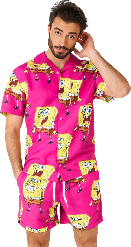 OppoSuits SpongeBob™ Pink Heren Zomer Set - Bevat Shirt En Shorts - Tropische Zwem Kleding - Roze
