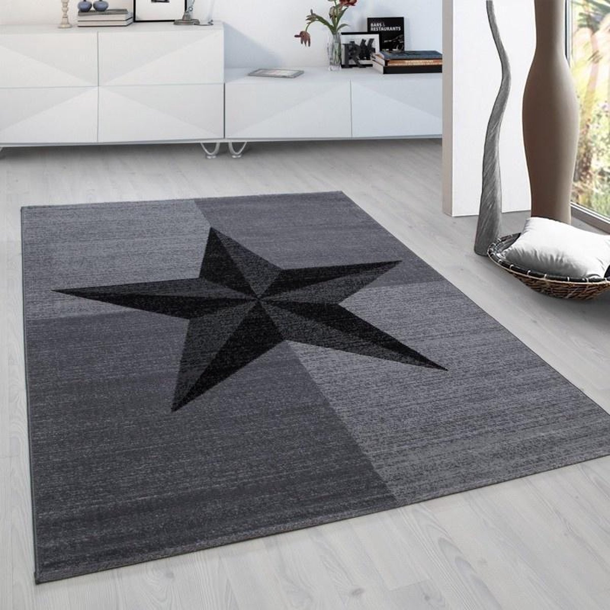 Kortpolig vloerkleed met sterrenmotief, grijs, geschikt voor de woonkamer, met jute achterkant, afmetingen: 120 cm x 170 cm