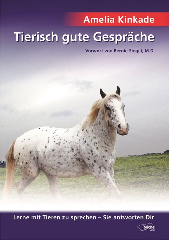 Boekomslag getiteld Tierisch gute Gespräche met een wit paard met zwarte stippen in een weiland.