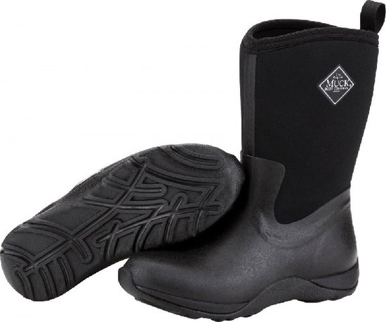 Zwarte Muck Boot laarzen, met zool apart getoond.