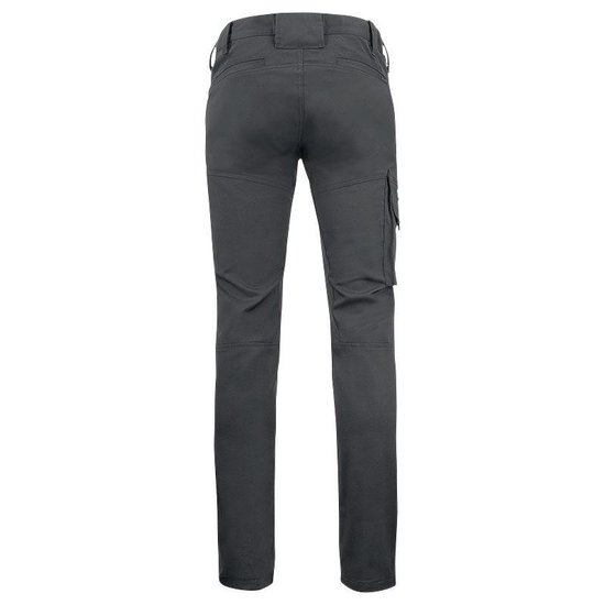 Achterkant van een donkergrijze werkbroek met cargozak.