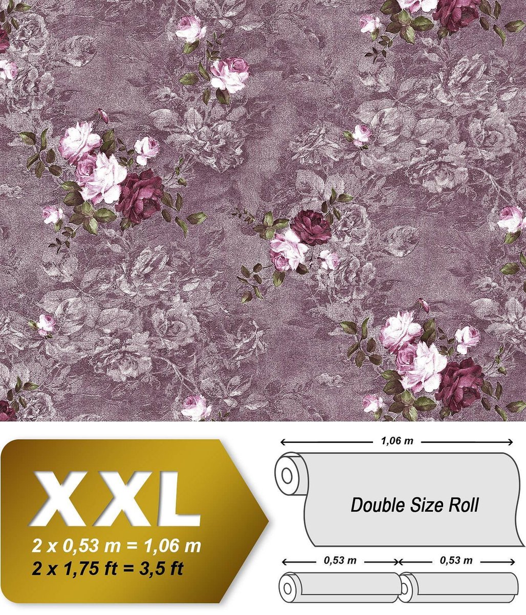 Bloemen behang EDEM 9045-25 vliesbehang gestempeld in romantisch design mat purper aubergine wijnrood wit 10,65 m2