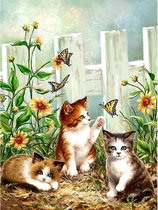 Diamond painting - Kat/poes - Familie bij bloemen - 40x30cm