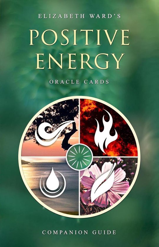 Boekomslag voor 'Positive Energy Oracle Cards Companion Guide' met vier symbolen: lucht, vuur, water en aarde.