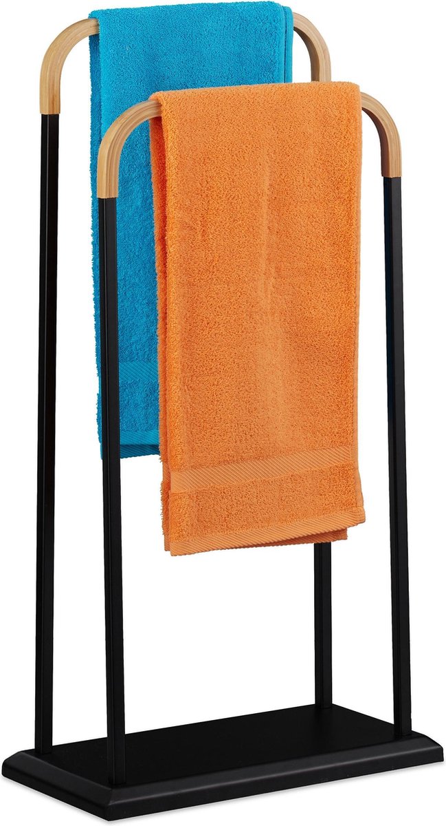 Relaxdays handdoekrek badkamer - handdoekhouder zwart - handdoekenrek staand - bamboe