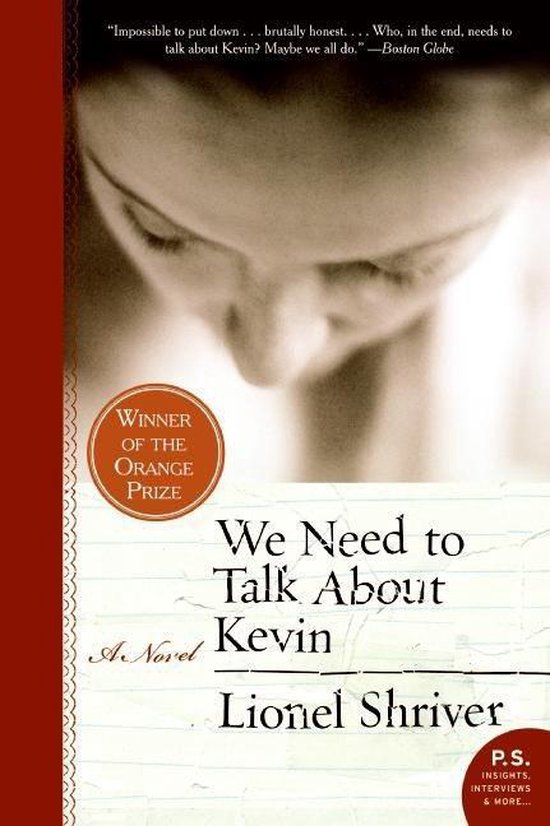 Boekcover met de titel 'We Need to Talk About Kevin' door Lionel Shriver, winnaar van de Orange Prize.