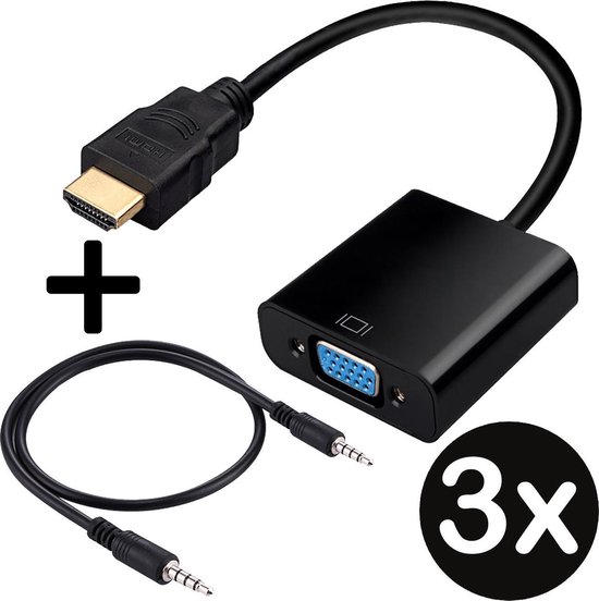 HDMI naar VGA Kabel Adapter Converter HD Met Audiokabel - Zwart - 3 PACK