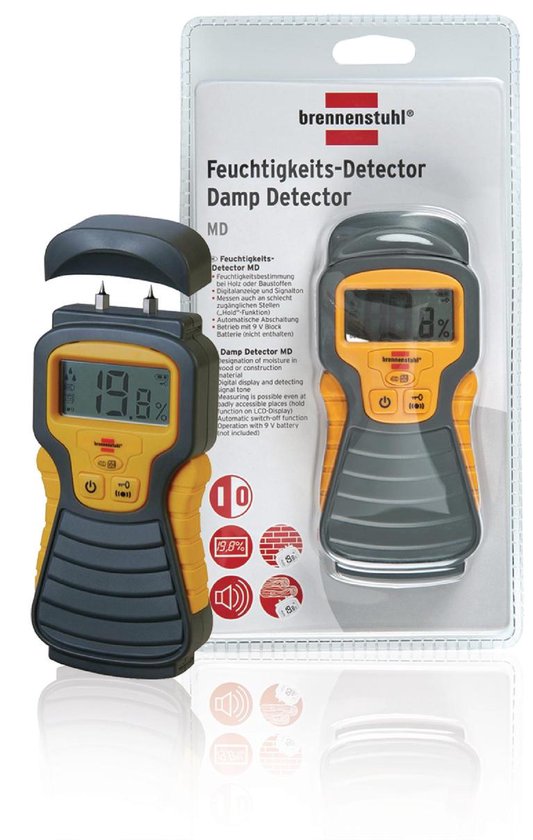 Een Brennenstuhl vochtmeter MD naast de verpakking, met een digitale display die 19.8% aangeeft.