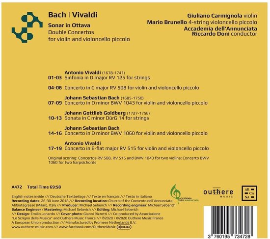 Cd-hoes met tekst: 'Bach | Vivaldi Sonar in Ottava Double Concertos for violin and violoncello piccolo'.
