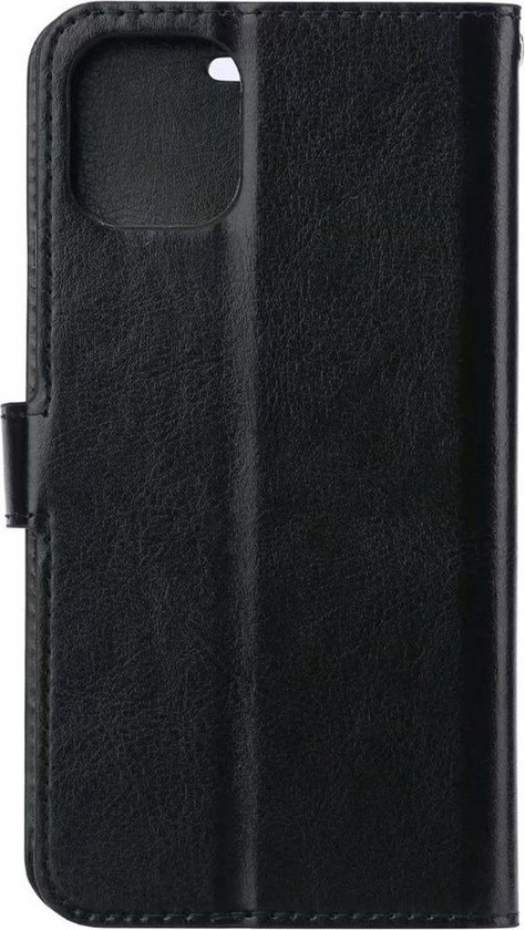 Zwarte luxe bookcase met klep voor Apple iPhone 11. De voorkant heeft een textuur en een sluitlip.