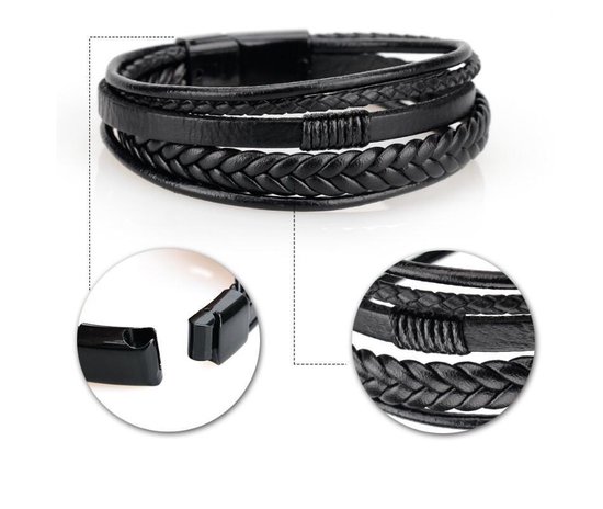 Armband Heren - Zwart Leer met Zwart met Zwarte Sluiting - Leren