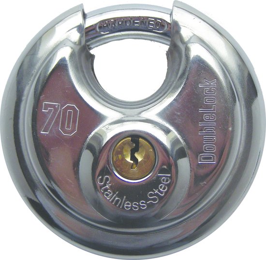 Rond DoubleLock hangslot van glanzend staal. Tekst '70', 'HARDENED', 'DoubleLock' en 'Stainless-Steel' zichtbaar.