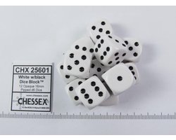 Chessex Opaque wit zwart D6 16mm Dobbelsteen Set 12 stuks.