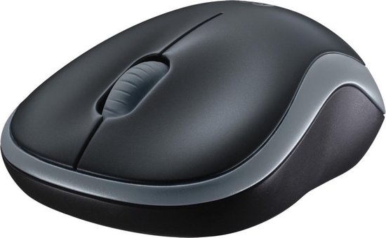 Gedetailleerde opname van een zwarte en grijze Logitech M185 draadloze muis.