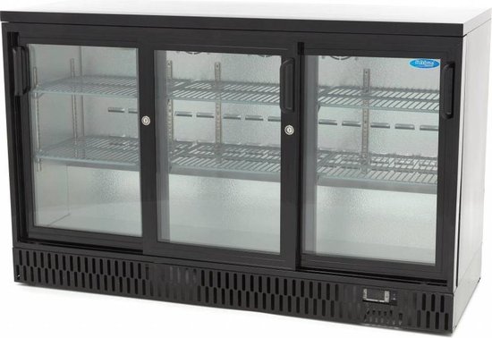 Horeca koelkast: Barkoeler / Flessenkoeler - 341 Liter - 3 Schuifdeuren -  Zwart - Dubbel Glas - met Slot - Temperatuur Controller -  Horeca Displaykoeler - Maxima, van het merk Maxima