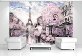 Fotobehang Vlies | Parijs, Eiffeltoren | Roze, Zwart | 368x254cm (bxh)