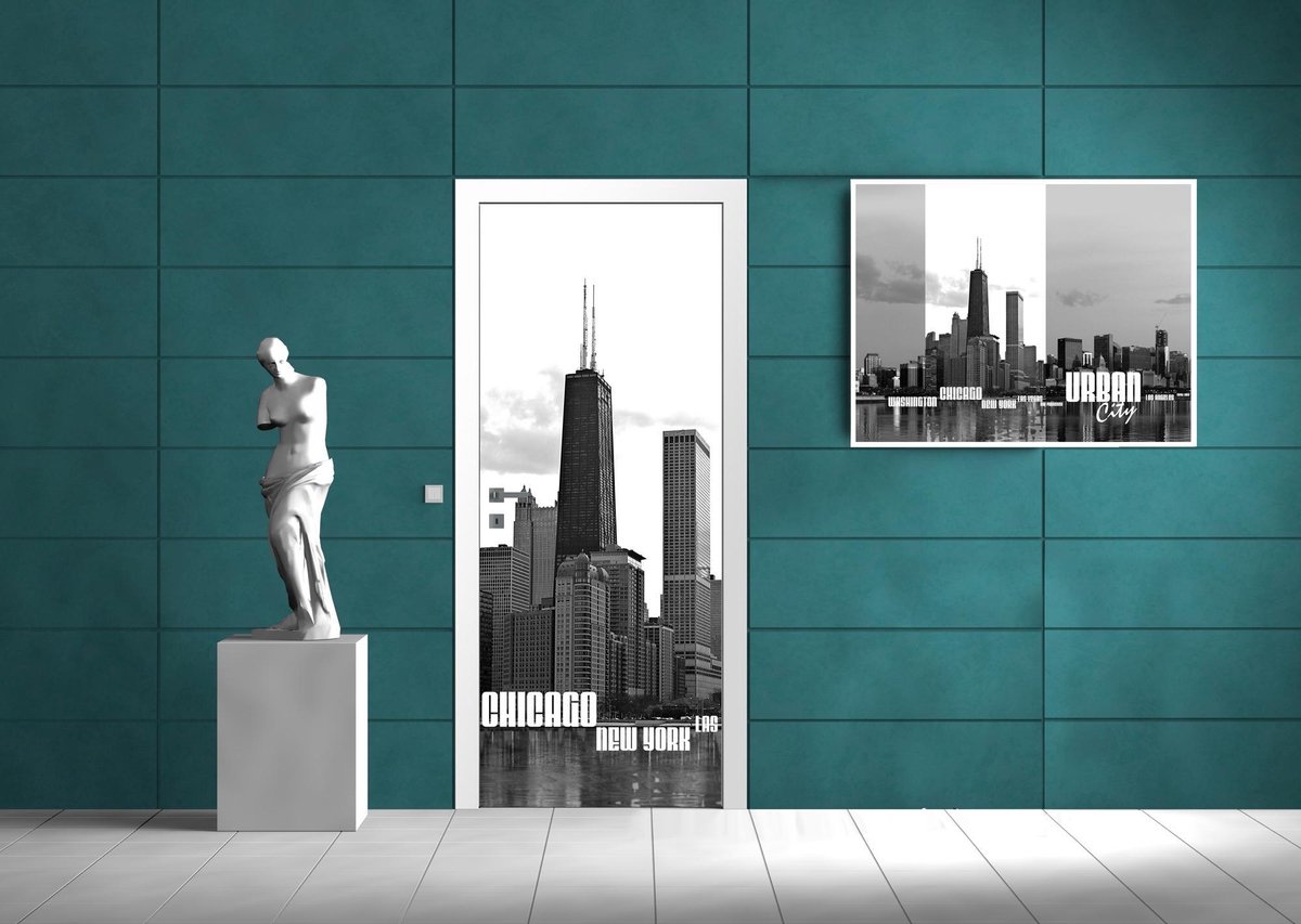 Deursticker Muursticker Skyline, Steden | Zwart | 91x211cm