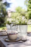 Twee witte bloempotten met witte bloemen op een buitentafel met ontbijt.