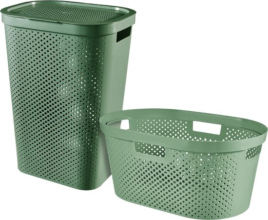 Curver Infinity Recycled Wasmand met deksel 60L + Wasmand 40L - Groen