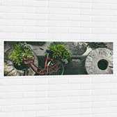 WallClassics - Muursticker - Rode Fiets versierd met Planten tegen Stenen Muur - 120x40 cm Foto op Muursticker