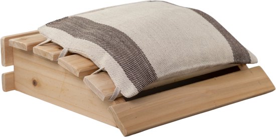 Houten saunahoofdsteun met een beige-bruin linnen kussentje, getoond op een zwarte achtergrond.