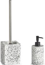 Zeller - Toiletborstel houder 38 cm met zeeppompje wit/grijs polystone