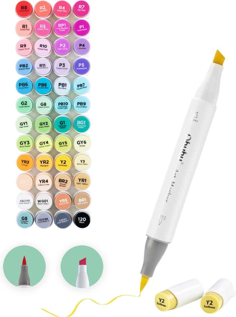 Ohuhu - Alcohol based Art markers Brush & chisel - set van 48 + Blender + etui