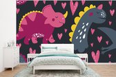 Behang babykamer - Fotobehang Dinosaurus - Kind - Patronen - Roze - Meisjes - Breedte 295 cm x hoogte 220 cm - Kinderbehang