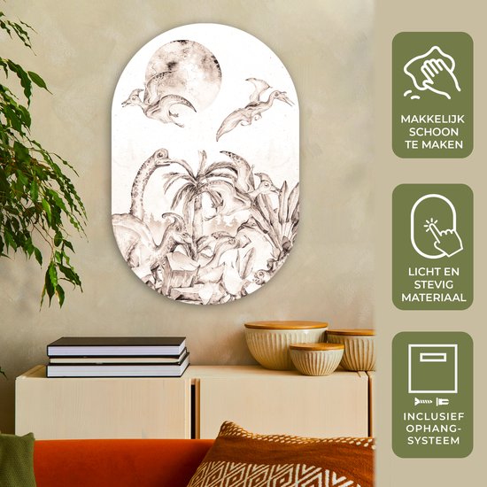 Ovale Mural - Ovale Mural - Décoration murale Plastique - Peinture Ovale - Dino - Enfants - Jungle - Plantes - Kids - 60x90 cm - Forme miroir ovale sur plastique