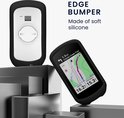 Zwarte siliconen hoes met een navigatieapparaat dat de route toont, op een zilveren standaard.