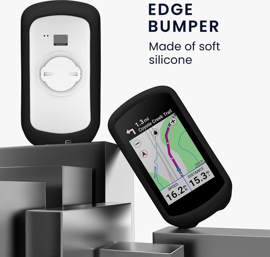 Zwarte siliconen hoes met een navigatieapparaat dat de route toont, op een zilveren standaard.