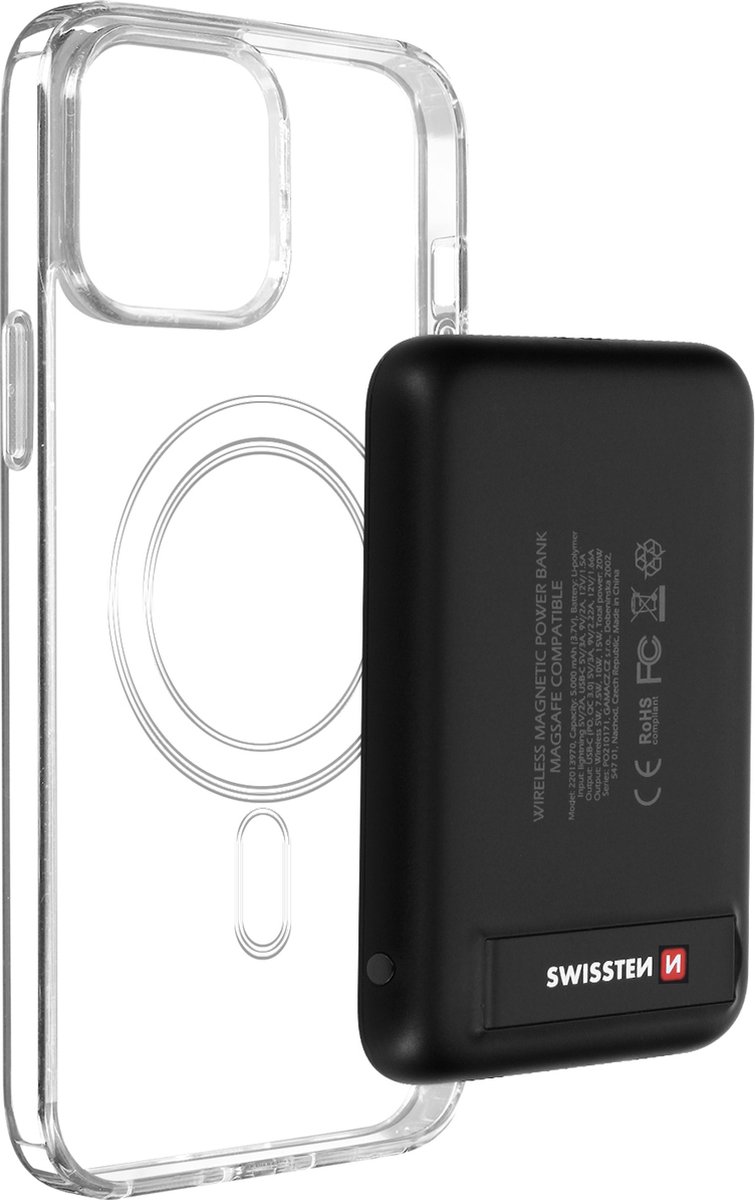 IPhone 13 Mini Hoes Transparant + Powerbank 5000 mAh Magsafe Swissten Zwart