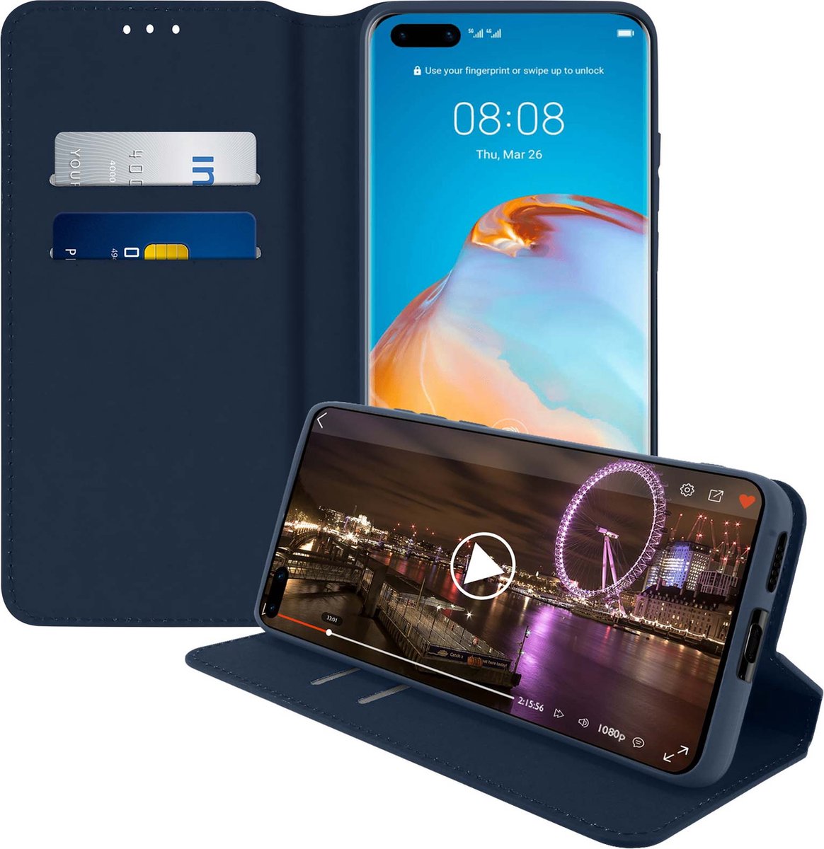 Hoes Geschikt voor Huawei P40 Pro klep portefeuille, video standaard blauw