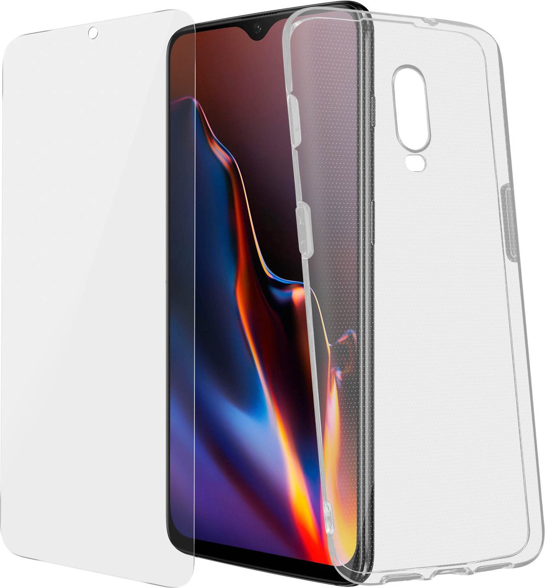 Avizar Hoes Geschikt voor OnePlus 6T Gehard glas: 360° bescherming rondom, Transparant