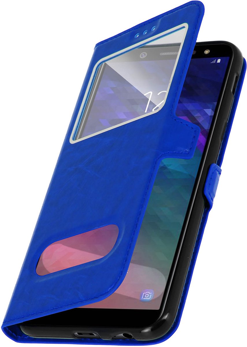 Avizar Foliohoes Geschikt voor Samsung Galaxy A6 blauw met dubbel venster, Blauw