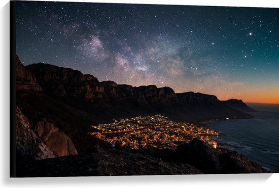WallClassics - Toile - Ville illuminée sous les étoiles - 90x60 cm Photo sur toile (Décoration murale sur toile)